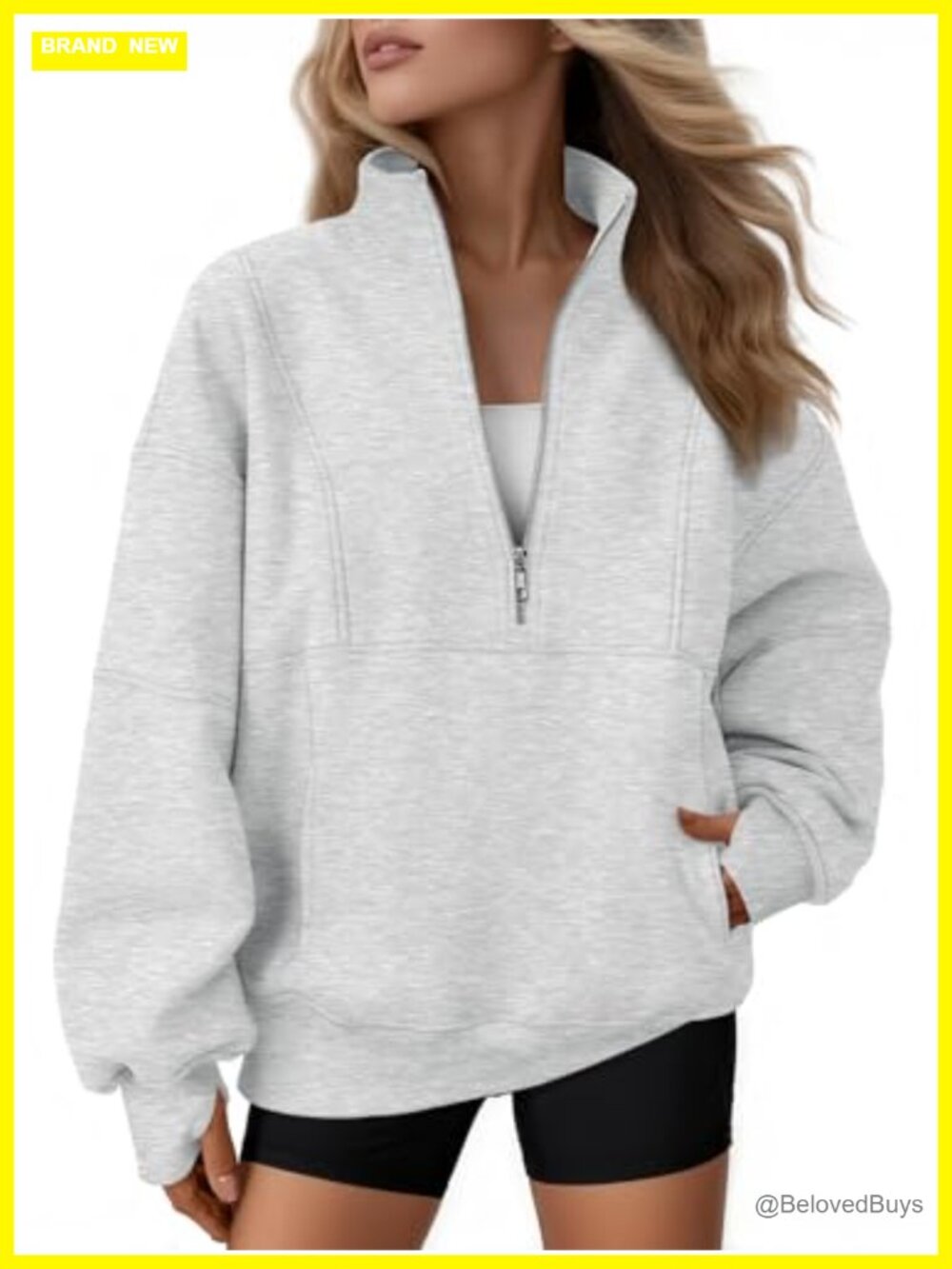 Oversized Quarter Zip Fleece Sweatshirt Cotton Blend Mock Neck Thumbholes
